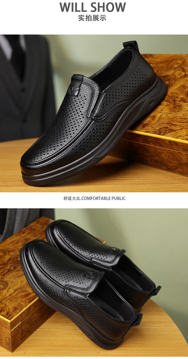 Summer Men's Shoes for Middle-Aged and Elderly People, Genuine Leather Breathable Men's Sandals, Leather Shoes, Soft Soles, Hollow Casual Shoes, Clogs