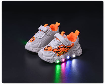 Spring New Style Dinosaur Led Light Sneakers for Boys and Girls Spring & Fall New Mesh Breathable Casual Light Shoes for Children and Middle-Aged Children