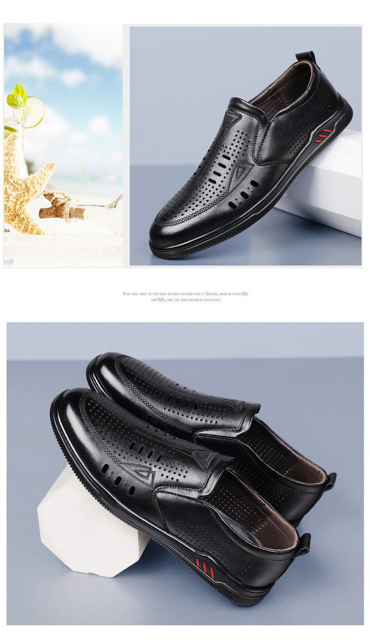 Summer Leather Shoes for Men, Casual Hollow Breathable Clogs, Soft Sole, Soft Mesh Shoes, Foreign Style Men's Shoes, Drop Shipping