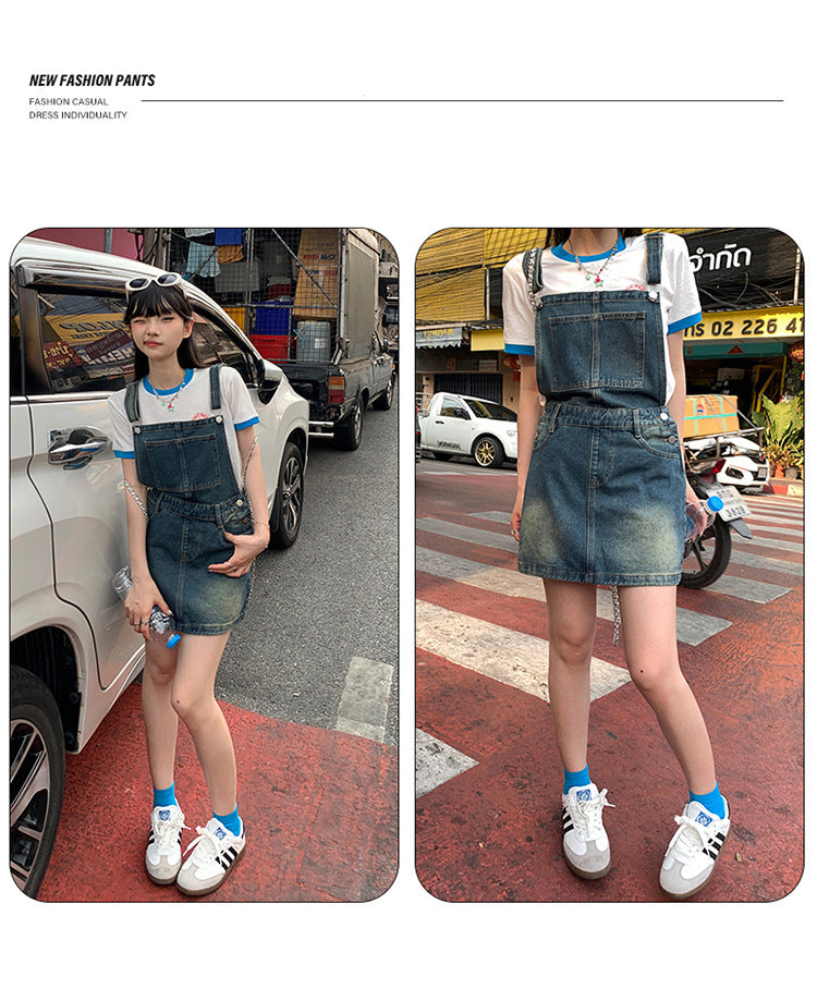 YC & American Retro Sweet Girl Strap Skirt A- line Skirt Slimming Joker dress Denim Skirt Spring and Summer