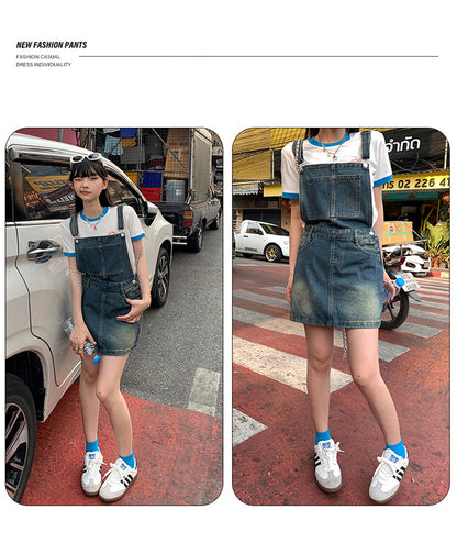 YC & American Retro Sweet Girl Strap Skirt A- line Skirt Slimming Joker dress Denim Skirt Spring and Summer