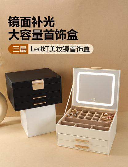 Cross-border PU three-layer cosmetic mirror with LED light high-end jewelry box earring ring necklace bracelet princess jewelry box