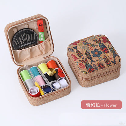 Retro Style Imitation Pu Leather Square Sewing Box Household Sewing and Mending Needle and Thread Set Portable Daily Essential Sewing Kit