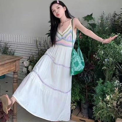 Summer women's national style sling hollow stitching dress new style sling skirt holiday style