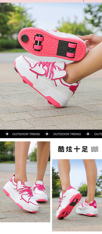Girls' Roller Shoes Autumn and Winter New Model Children's Four-Wheel Automatic Sliding Skates for Older Kids Sports Roller Shoes