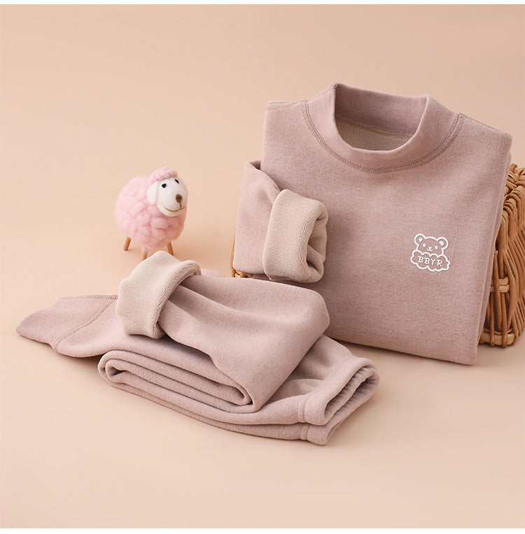 Autumn and winter fleece-lined children's clothing large children's mid-collar autumn pants children's inner warm bottoming shirt children's home clothing suit
