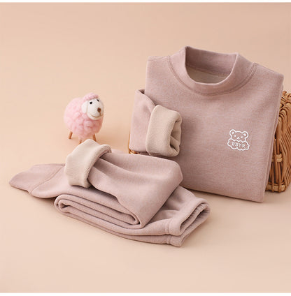 Autumn and winter fleece-lined children's clothing large children's mid-collar autumn pants children's inner warm bottoming shirt children's home clothing suit