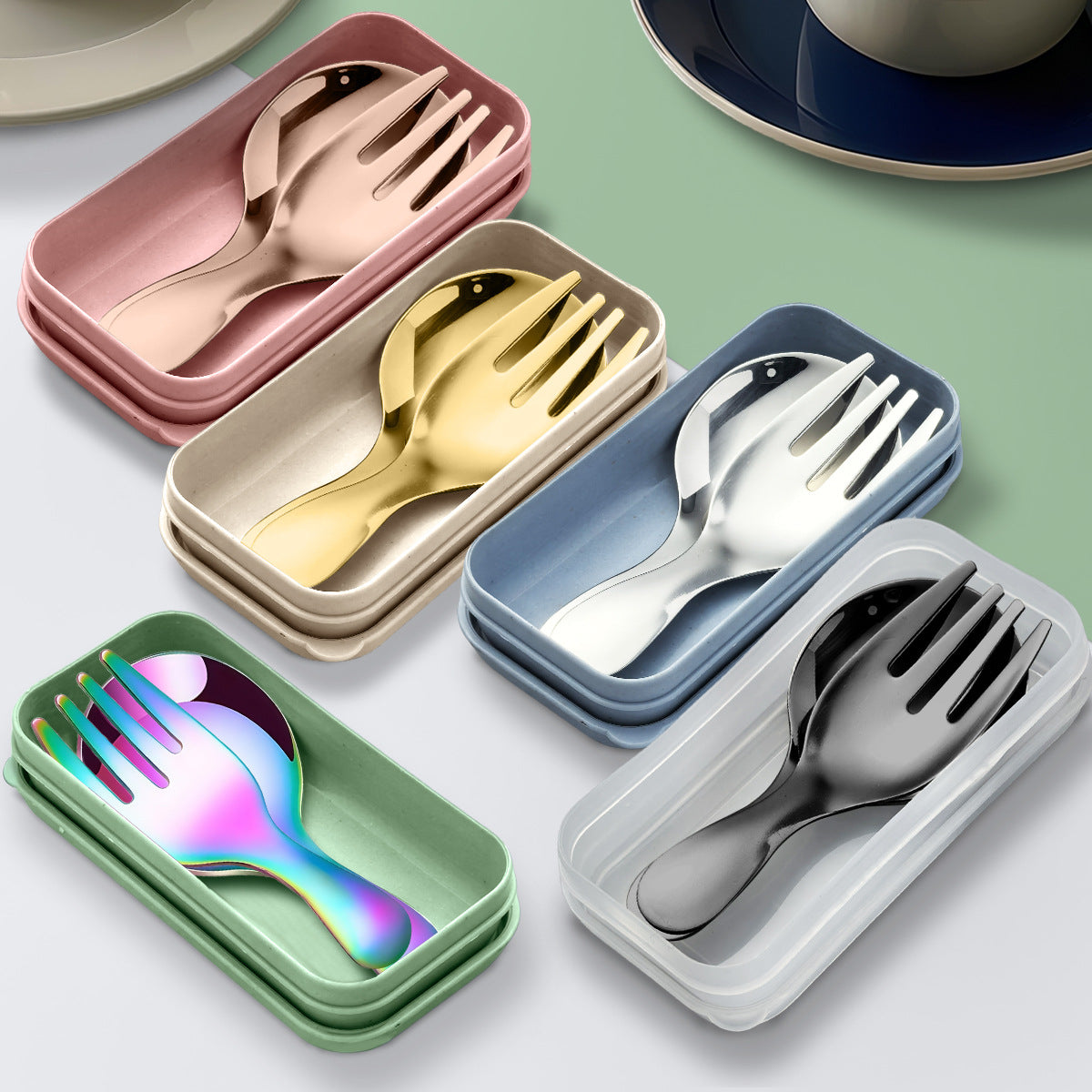 Stainless Steel Portable Spoon and Fork Set Children's Rice Spoon Dessert Spoon Fruit Fork Short Handle Fork Spoon Mini Tableware