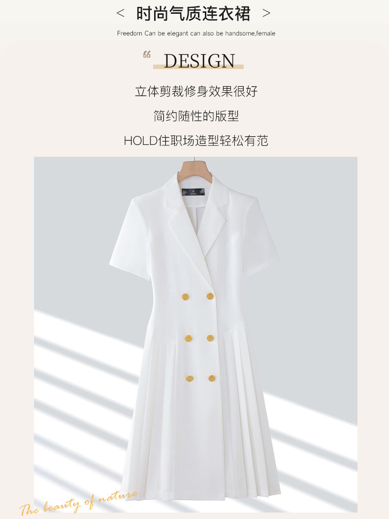 Spring and summer blue short-sleeved dress women's 2025 high-grade double-breasted professional suit collar mid-length skirt