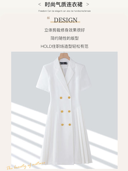Spring and summer blue short-sleeved dress women's 2025 high-grade double-breasted professional suit collar mid-length skirt