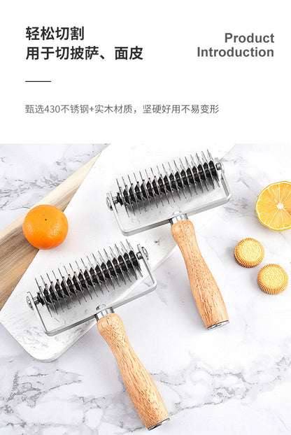 in stock Pizza Mesh Knife Pizza Tools Baking Tools Stainless Steel Wooden Handle Pizza Roller Knife Snack Hob