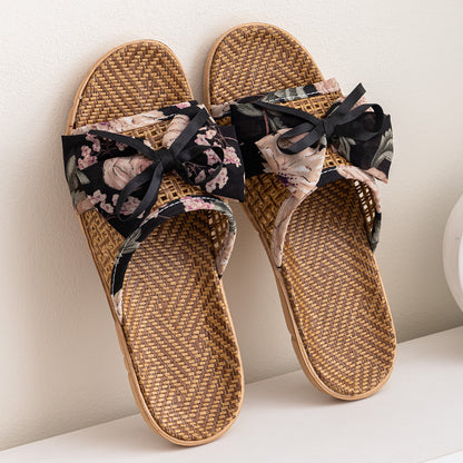 New Summer Rattan Mat Home Mat Slippers Bow Home Indoor Cool Bamboo Fish Mouth Toe Shoes Non-Slip