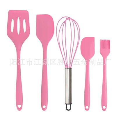Cross-Border Kitchen Silicone Spatula Brush Egg Beater Silicone Kitchen Utensils 5-Piece Set Cooking Set Baking Tools