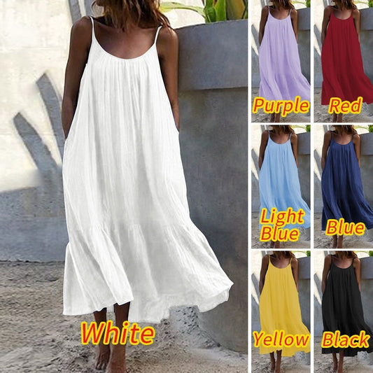 2024 Summer European and American New Ruffled Solid Color Long Dress Sleeveless Loose Thin Shoulder Strap Dress Summer dress by PDG ibma