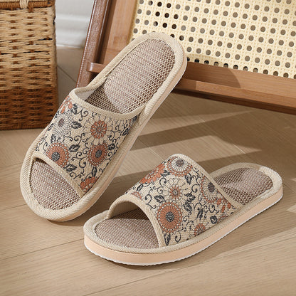 New Summer Open-Toe Home Slippers, Non-Slip, for Men and Women, Couples, Indoor, Blue and White Porcelain, Wooden Floor, Light Foam Sole, Cotton and Linen
