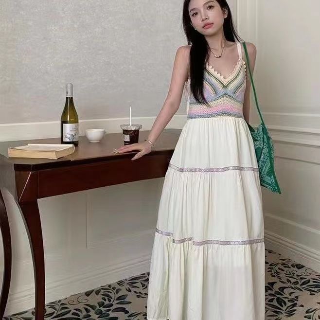 Summer women's national style sling hollow stitching dress new style sling skirt holiday style