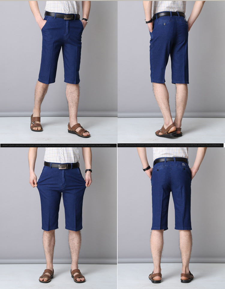 Middle-aged Men's Cropped Pants Loose Stretch Over-the-knee Shorts Summer Ultra-thin Business Jeans for Middle-aged and Elderly Dads