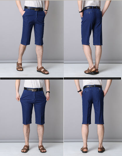 Middle-aged Men's Cropped Pants Loose Stretch Over-the-knee Shorts Summer Ultra-thin Business Jeans for Middle-aged and Elderly Dads
