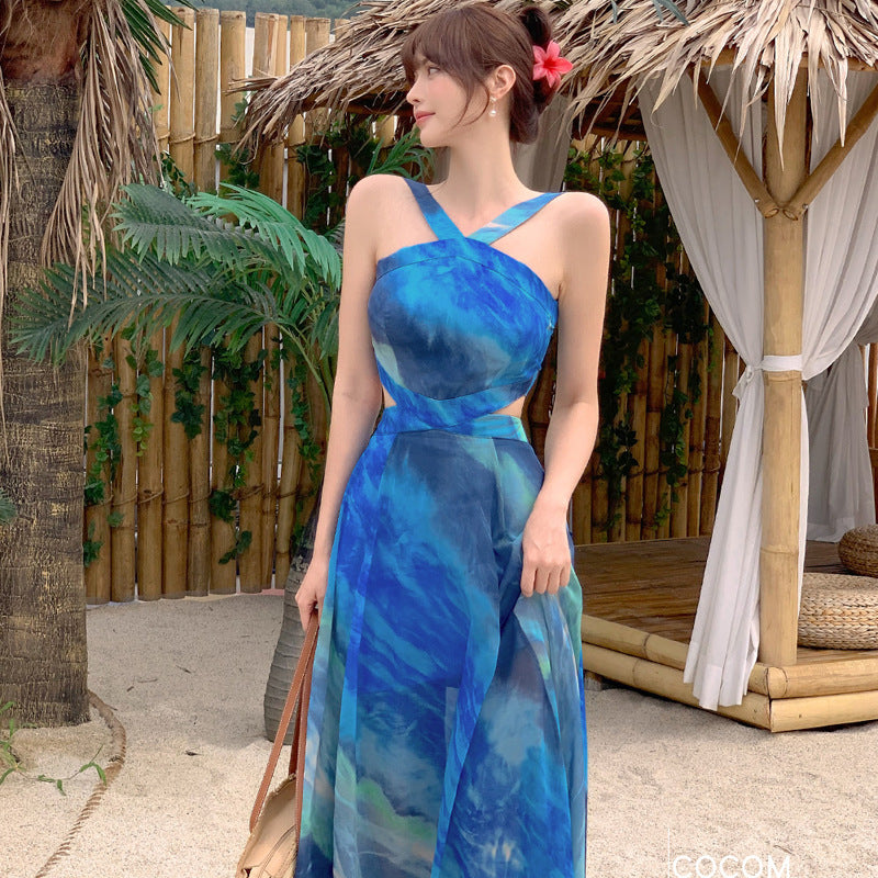 Foreign Trade Women's 2025 Summer New Temperament Sling Long Dress Fashion Waist Chiffon Printed Large Swing Dress dress