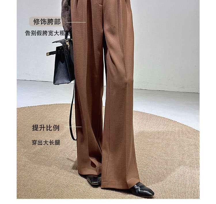 Spring and Autumn New Style Old Money Style Brown Coffee Color Suit Pants for Women, Wide-Leg Pants with Drape Effect, Slimming, Extended Length for Tall Individuals, Straight-Leg Pants