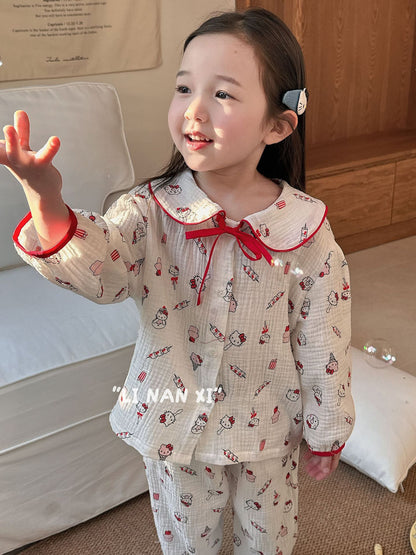 Princess Style Children's Lapel A-Class Cartoon Loungewear Set 2026 Spring New Baby Sweet and Cute Pajamas and Sleep Pants
