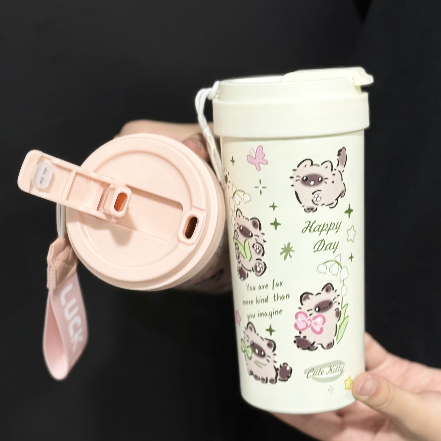 New cute thermos cup 316 stainless steel coffee cup portable double drink portable men's and women's straw accompanying cup