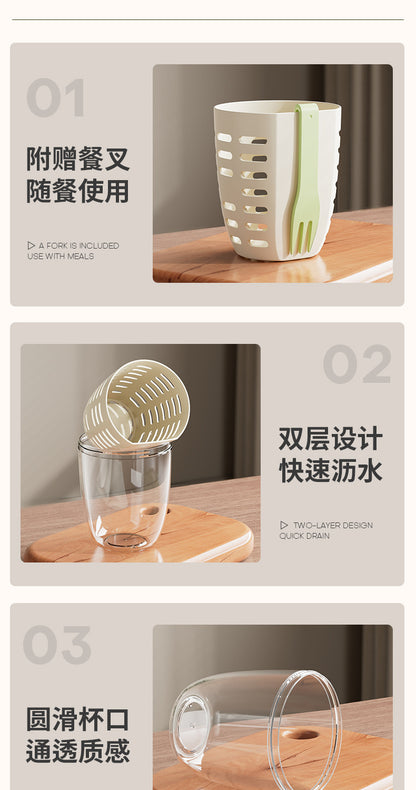 FX3666 ins Wind Fruit Salah Cup Multi-purpose Fruit Cup with Picnic with Fork Double Layer Dipped Water Cup
