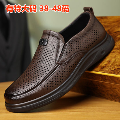 Summer Men's Shoes for Middle-Aged and Elderly People, Genuine Leather Breathable Men's Sandals, Leather Shoes, Soft Soles, Hollow Casual Shoes, Clogs