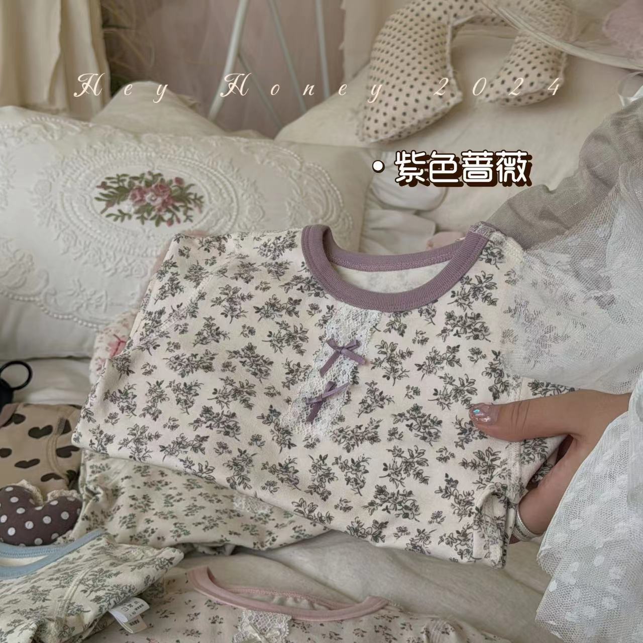 Spot Large and Small Roll Heyhoney24 Lycra Cotton Boys and Girls Autumn Clothes Intimates Printed Home Clothes Pajamas Two-Piece Set