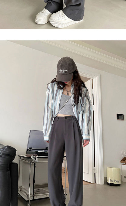 Gray Suit Pants for Women Spring and Summer New High-Waisted Double Pleated Slim Floor-Length Trousers Casual Straight Wide-Leg Pants