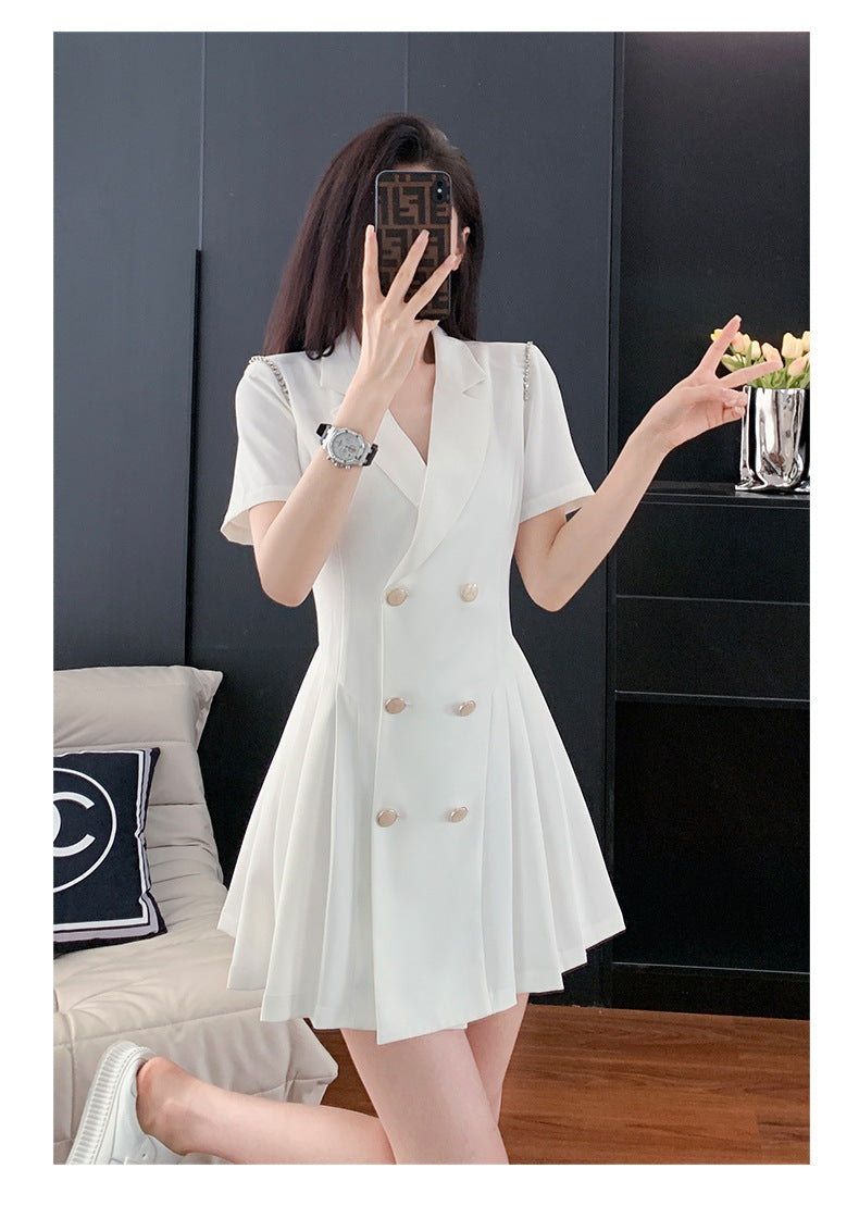 French Hepburn Style Small Black Dress High Sense High Cold Royal Sister Fried Street Small Fragrance Style Pleated Professional Suit dress Summer