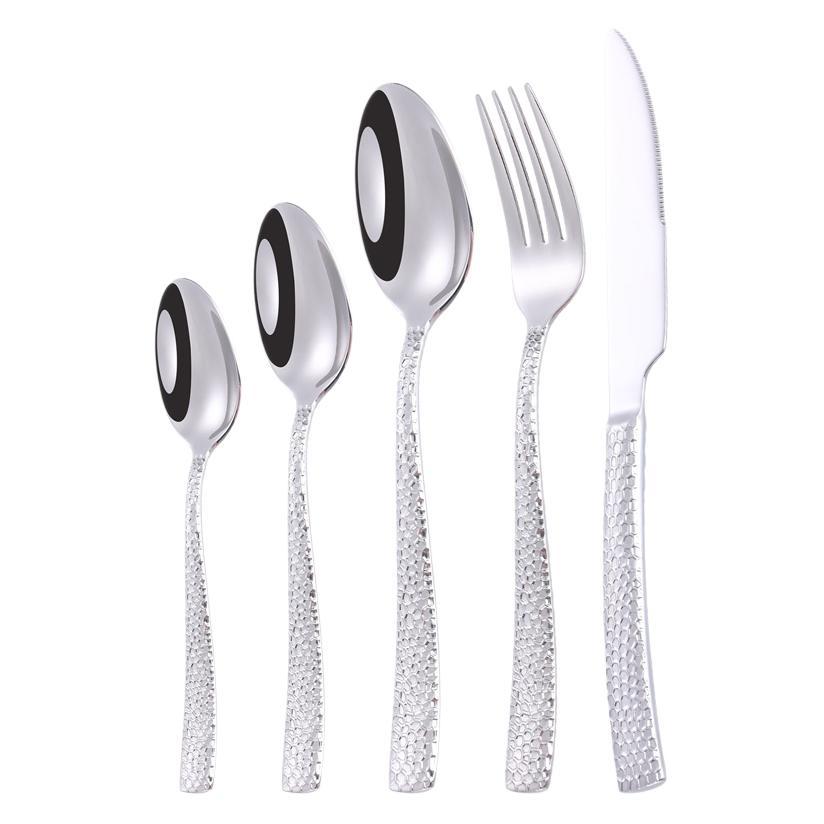 Cross-border 304 Stainless Steel Knife, Fork and Spoon Tableware Hotel Western Food Square Handle Thickened Water Cube Hammer Steak Knife, Fork and Spoon