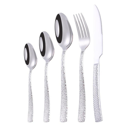 Cross-border 304 Stainless Steel Knife, Fork and Spoon Tableware Hotel Western Food Square Handle Thickened Water Cube Hammer Steak Knife, Fork and Spoon