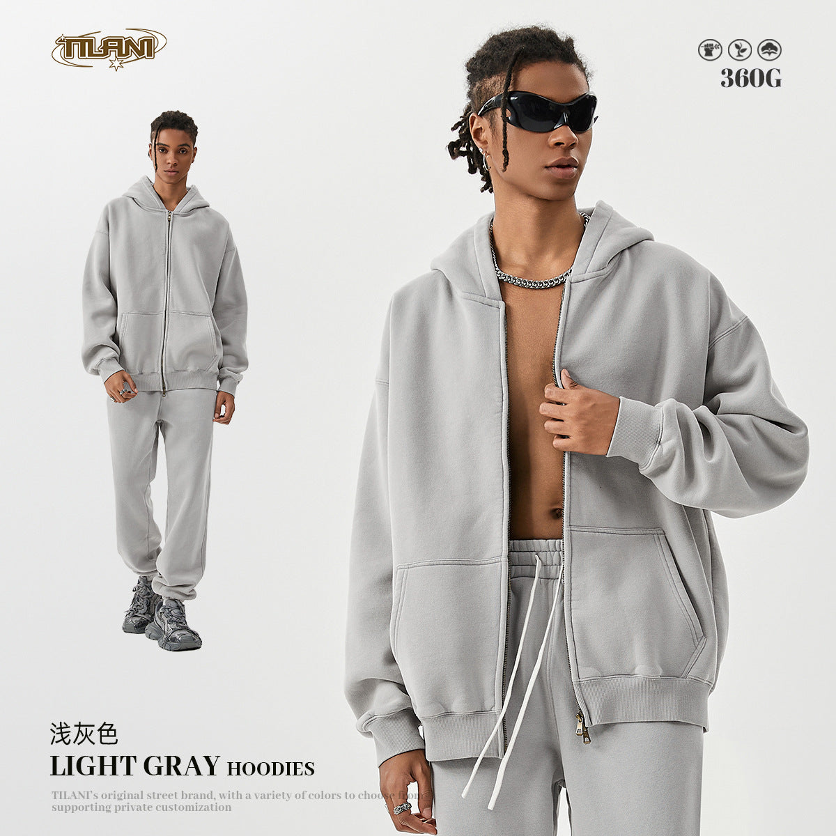 TILANI men's sweater cardigan fleece-lined thickened zipper coat 360g washed vintage waxed casual hoodie