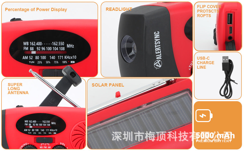 5000Mah Amazon Portable Emergency Radio Multi-Functional Solar-Powered Hand-Cranked Multi-Band Radio