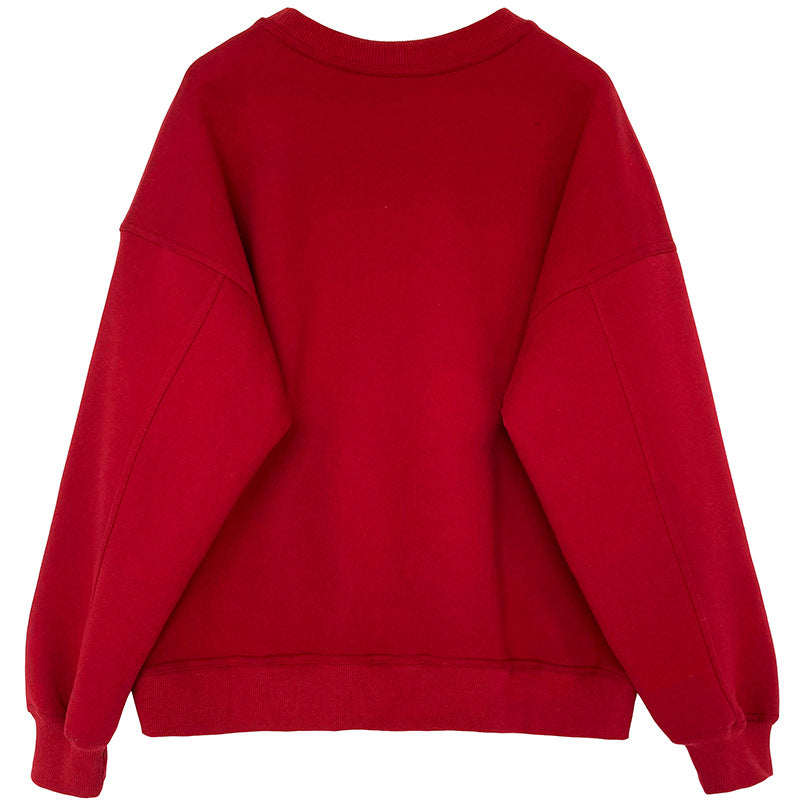Luxi 2025 Autumn and Winter New Style Velvet Thickeneded Burgundy Sweatshirt for Women Korean Style Normcore Long-Sleeved Pullover Top 2628