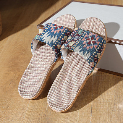 Four Seasons Home Linen Slippers Fashion Printed Thick Sole Non-Slip Sweat-Absorbent Wear-Resistant Large Sole Couple Linen Slippers Ethnic Style
