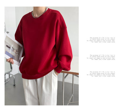 Luxi 2025 Autumn and Winter New Style Velvet Thickeneded Burgundy Sweatshirt for Women Korean Style Normcore Long-Sleeved Pullover Top 2628