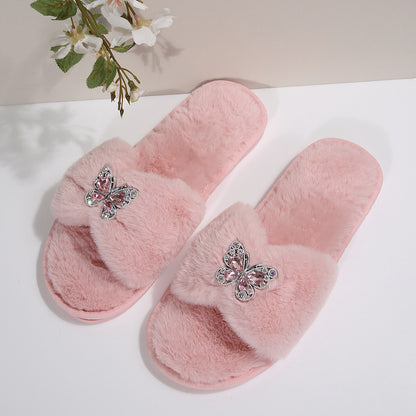 Cross-Border Rhinestone Butterfly Fur Slippers for Women Foreign Trade Large Size New Home Indoor and Outdoor Warm Fashion Cotton Slippers for Women