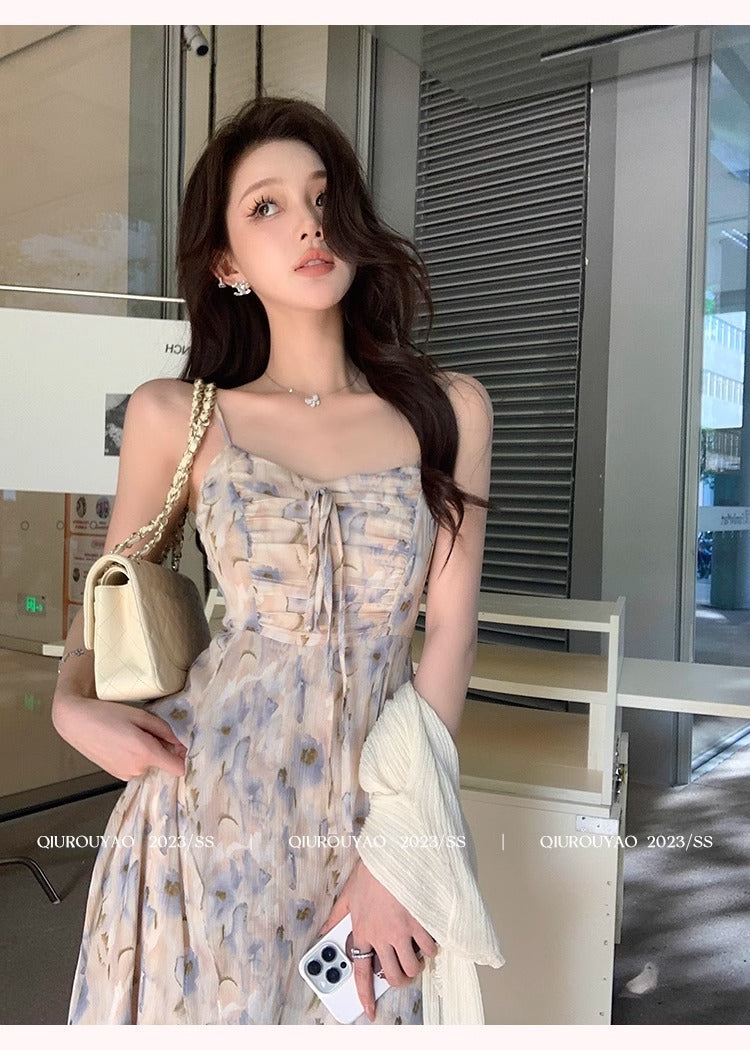 French Style Waisted Gentle Floral dress Women's Seaside Beach Vacation Fairy dress Elegant Pure Slip Dress