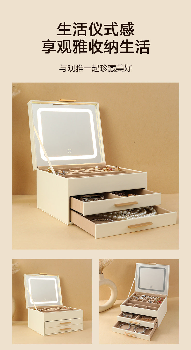Cross-border PU three-layer cosmetic mirror with LED light high-end jewelry box earring ring necklace bracelet princess jewelry box