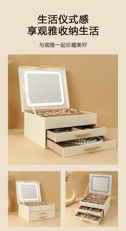 Cross-border PU three-layer cosmetic mirror with LED light high-end jewelry box earring ring necklace bracelet princess jewelry box