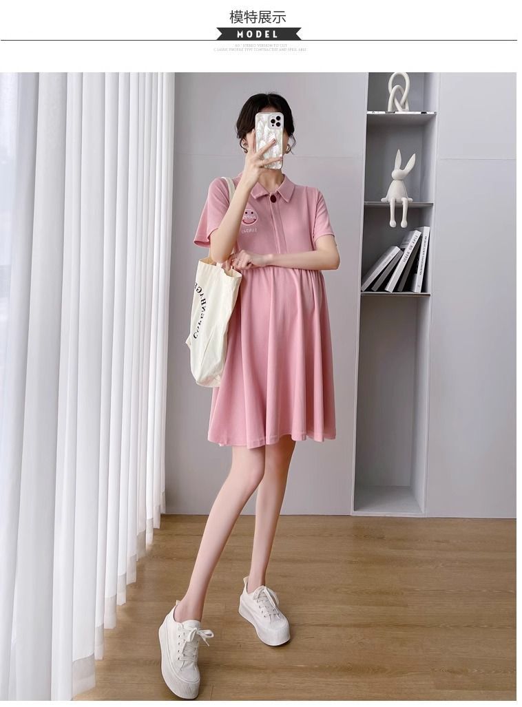 Pregnant Women's Dress Women's Summer Trendy Mom Thin Short-sleeved Top Pink Polo Collar Fashion Nursing Summer Dress