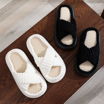 Cross-Border 2023 New Style Home Linen Slippers with a Stepping-On-Clouds Feel, Simple and Casual, Comfortable Lace Suede Women's Plush Slippers