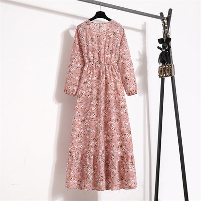 Cross-border Foreign Trade Floral Chiffon Long Dress Women's Spring Dress Long Sleeve Crewneck Base Skirt Waist Slim Long Dress