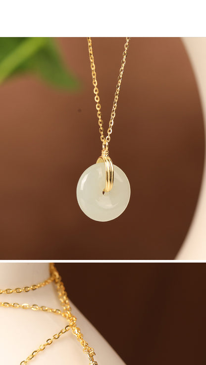 S925 Sterling Silver Clavicle Necklace Women's New Chinoiserie Natural Hetian Jade Safety Buckle Pendant Retro Accessible Luxury Simple Accessories
