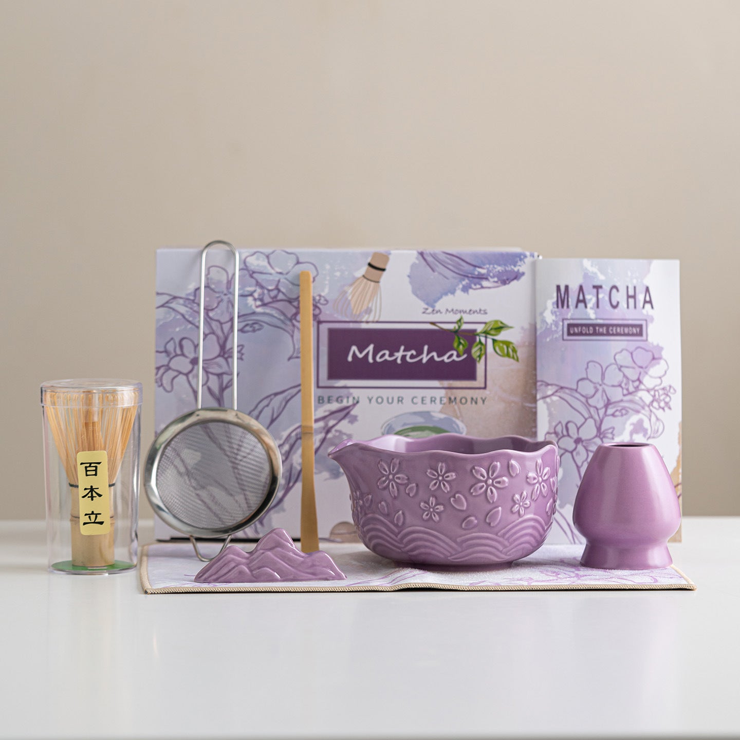 Directly Supplied from the Manufacturer, Exclusively for Cross-Border Trade, Ceramic Matcha Bowl Set with Embossed Cherry Blossom Design, 7-Piece Set with Spout, High Aesthetic Value, Color Box Packaging