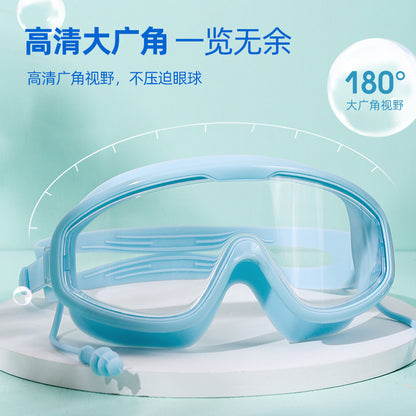 Swimming Goggles Waterproof and Anti-Fog Flat Large Frame Swimming Goggles Electroplated High-Definition Swimming Goggles for Adults and Children with Earplugs Wholesale