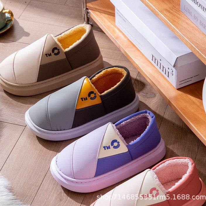 New Leather Waterproof Cotton Slippers for Women in Winter Indoor Thick-Soled Warm Home Fleece-Lined Bag and Couple Wool Slippers for Men
