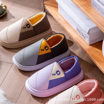 New Leather Waterproof Cotton Slippers for Women in Winter Indoor Thick-Soled Warm Home Fleece-Lined Bag and Couple Wool Slippers for Men